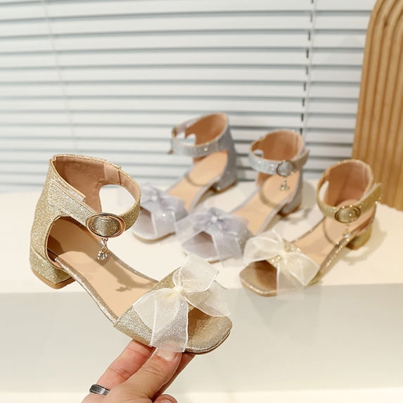 RKSTN Girls Dress Sandals Rhinestone Pumps Chunky Block Heel Pointed Toe Ankle Strap Slingback French Style Summer Party Shoes for 4-12 Years