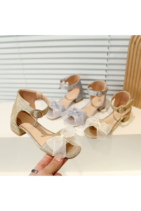 Girls Dress Shoes Girls Sandals Bow Pumps Chunky Block Heel Open Toe Covered Heel Summer Banquet Shoes for 4-11 Years