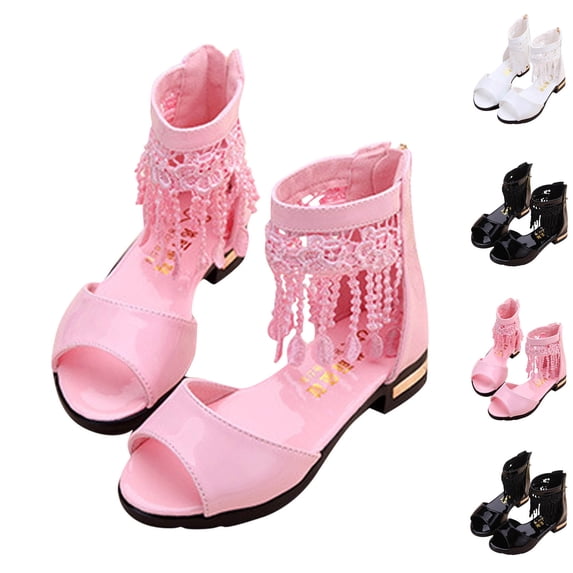 RKSTN Girls Heel Sandals Fringe Pumps Chunky Block Heel Open Toe Covered Heel French Style Summer Party Shoes for 4-11 Years