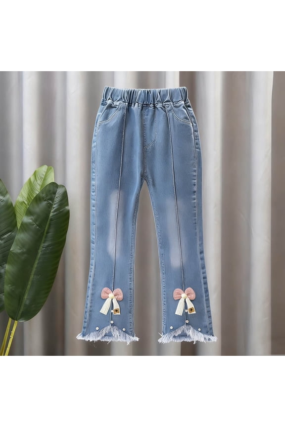 Girls Jeans Bow Flared Denim Pants Elastic Waist Brushed Hem Stretchy Slimming Toddler Pants with Pockets (Light Blue ,3-4Years)