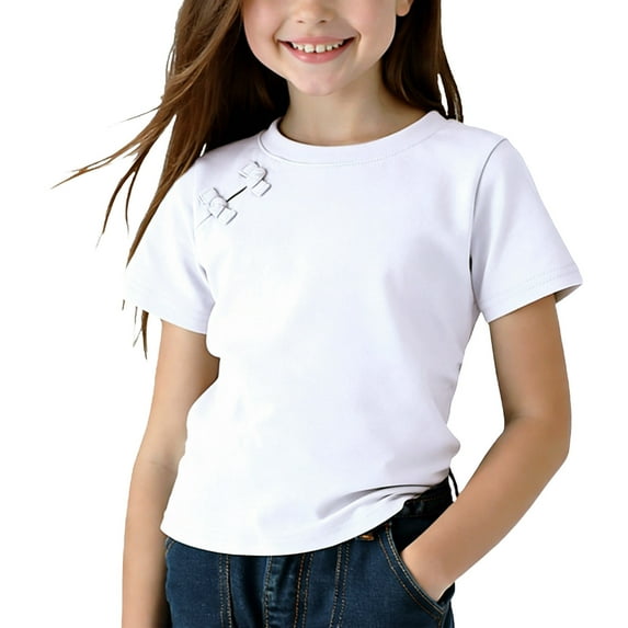 RKSTN Girls Shirts Spring Summer Solid Color Crew Neck Soft Casual Comfortable Lightweight Short Sleeve Basic T Shirt Top for 1-10 Years