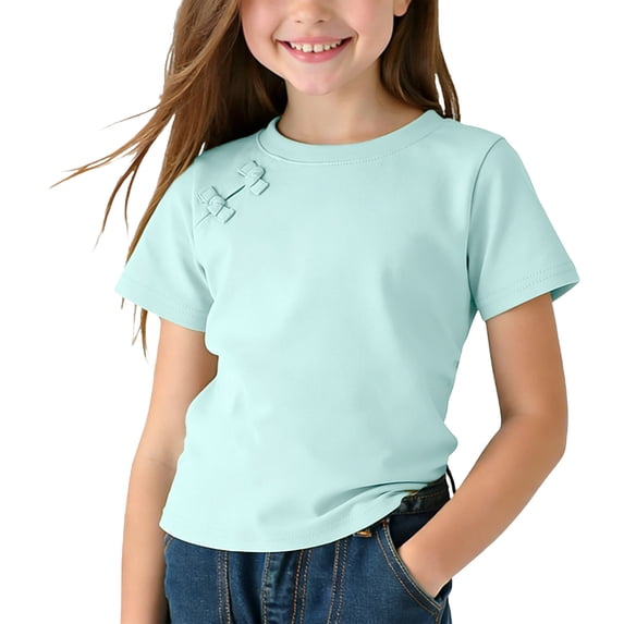 RKSTN Girls Shirts Spring Summer Solid Color Crew Neck Soft Casual Comfortable Lightweight Short Sleeve Basic T Shirt Top for 1-10 Years