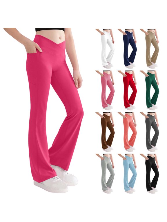 Girls Sweatpants Bell Bottom High Waisted Stretch Trendy Slightly Flared Athletic Base Layer Shark Pants with Pockets for 5-14 Years