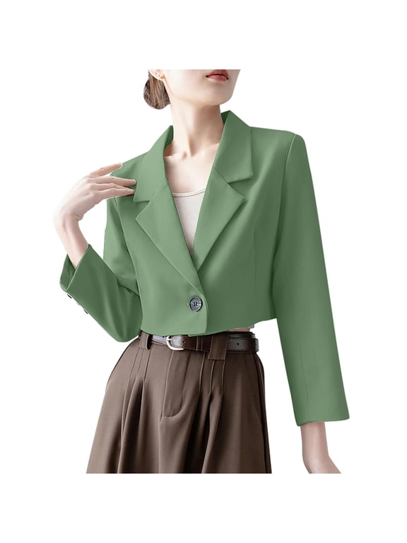 Green Blazers for Women Business Casual Cropped Lapel Collar Long Sleeve Chic Tailored Suit Jackets