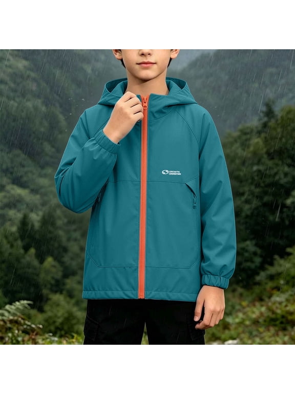 Green Hooded Fall Jackes for Girls Boys Long Sleeve Color Block Full Zip Kids Windbreaker Water Repellent Hiking Jacket with Pockets