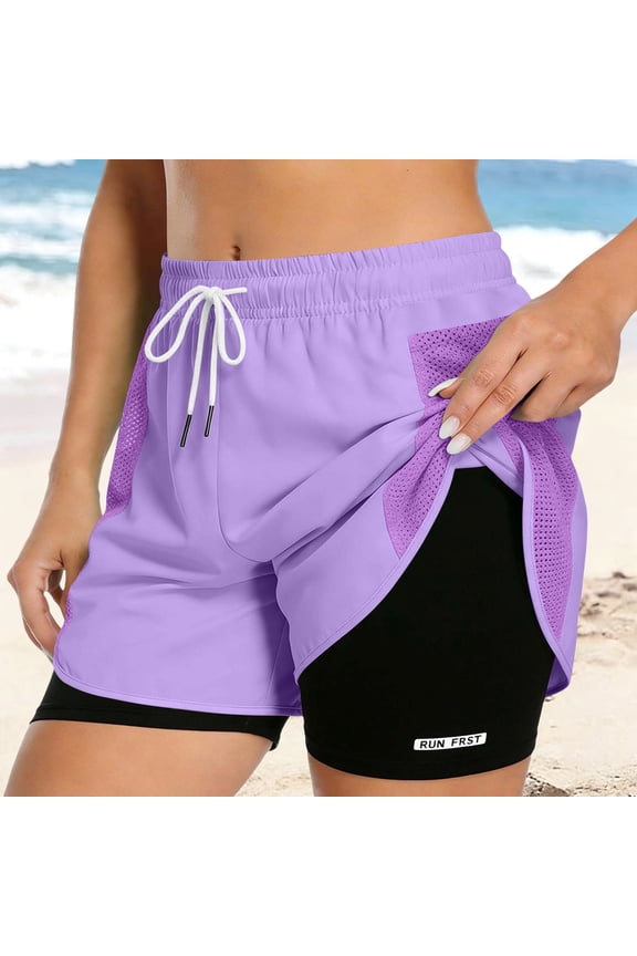 Gym Shorts Women Solid Color Yoga Shorts with Compression Liner Trendy Elastic Drawstring Waistband Casual Summer Shorts with Pockets