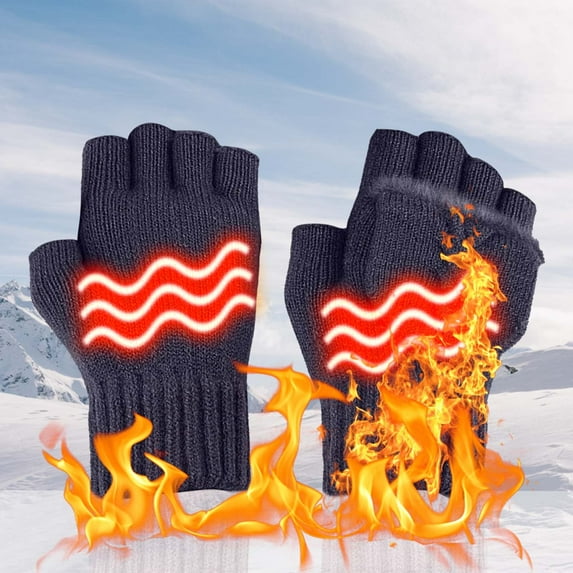 RKSTN Heated Gloves for Men USB Gloves Half Finger Flip Velvet Knitted Winter Fashion Women's Yarn Exposed Gloves