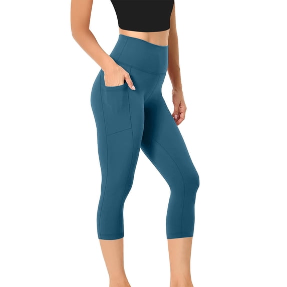RKSTN High Waisted Capris for Women with Pockets Tummy Control Yoga Pants Solid Color Form Fitting Stretchy Training Gym Clothes for Woman (Navy ,L)