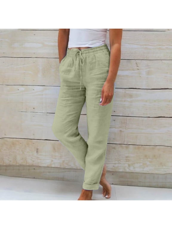 High Waisted Cotton Linen Pants Women Straight Leg Trendy Elastic Waist Relaxed Fit Versatile Pull on Travel Beach Pants with Pockets (Green ,XL)