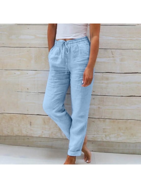 High Waisted Cotton Linen Pants Women Straight Leg Trendy Elastic Waist Relaxed Fit Versatile Pull on Travel Beach Pants with Pockets (Light Blue ,M)