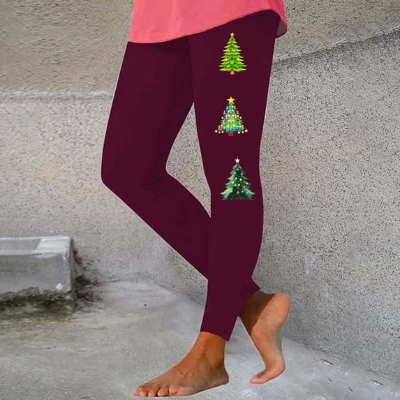 RKSTN High Waisted Leggings for Women Christmas Tree Print Gym Pants Women Snug Fit Stretchy Comfort Sporty Workout Leggings (Wine ,M)