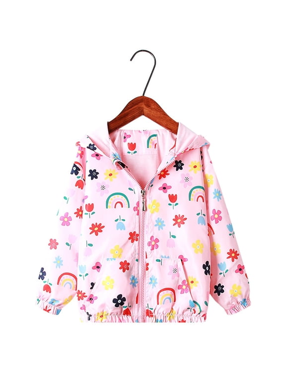 Hooded Fall Jackes for Girls Boys Long Sleevecolorful Flowers Print Full Zip Cute Kids Windbreaker Hiking Jacket with Pockets (Pink ,4 Years)