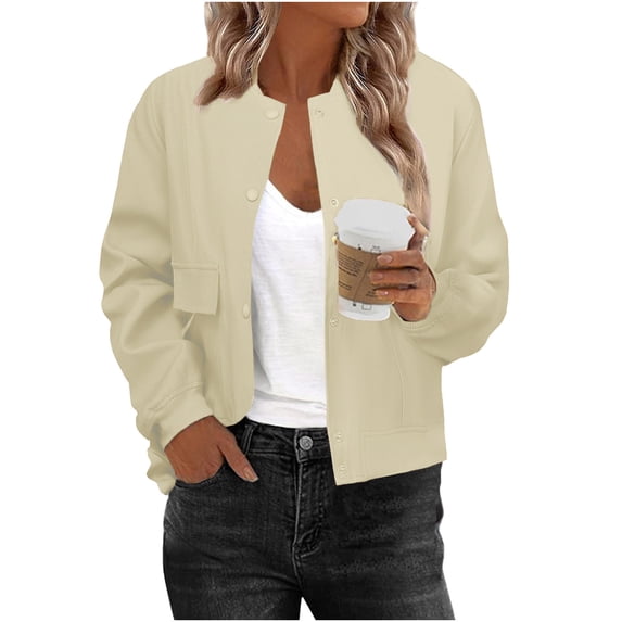 RKSTN Jackets for Women Bomber Jacket Long Sleeve Stand up Collar Buttons Lightweight Jacket Women with Pockets (Beige ,XL)