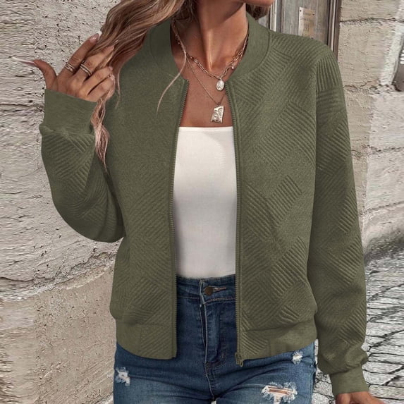RKSTN Jackets for Women Bomber Jacket Long Sleeve Stand up Collar Solid Color Zip Zp Lightweight Jacket Women with Pockets (Army Green ,L)