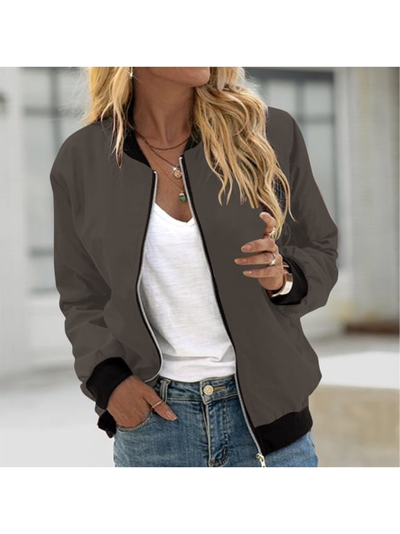 Jackets for Women Bomber Jacket Long Sleeve Stand up Collar Solid Color Zip Zp Lightweight Jacket Women with Pockets (Brown ,L)