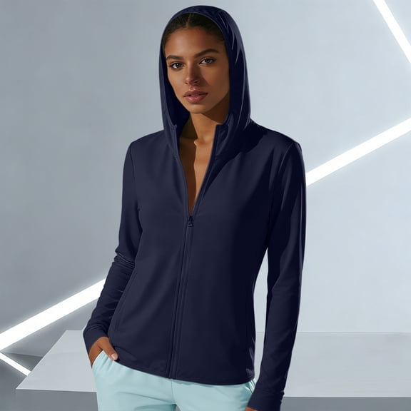 RKSTN Jackets for Women Sun Protection Hooded Lightweight Jacket Women Plus Size Cooling Long Sleeve Zip up Jacket with Pockets (Navy ,XXXXL)