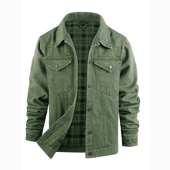 RKSTN Jean Jacket Men Light Jackets with Checked Lining Long Sleeved Lapel Minimalist Loose Fit Button up Daily Wear Denim Jacket with Pockets (Green ,L)