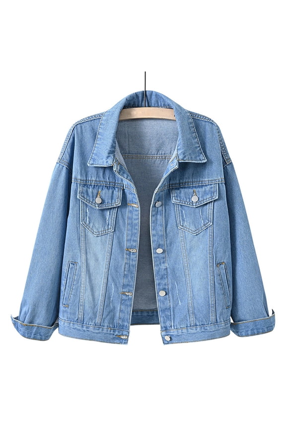 Jean Jacket Women Plus Size Lapel Collar Long Sleeve Retro Western Style Buttons Denim Jacket with Pockets (Light Blue ,S)