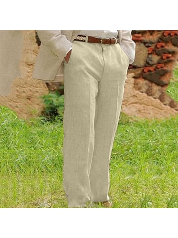 Khaki Mens Dress Pants Loose Fit Casual Pants for Men Double Pleated Solid Color Button Waist Versatile Mens Lightweight Pants with Pockets
