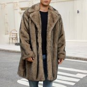 RKSTN Long Faux Fur Cardigan Men Long Sleeve Plaid Lapel Collar Front Open Cozy Warm Winter Coats for Men Khaki ,S