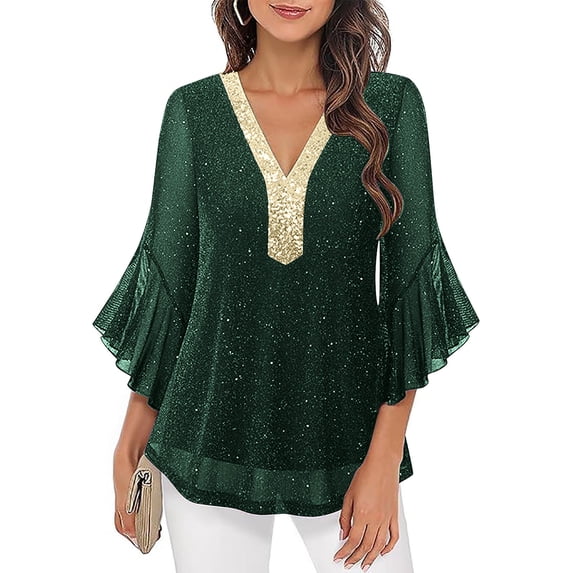 RKSTN Long Sleeve Shirts for Women Patchwork Ruffled Mesh Shimmering Gold Embossed 3/4 Sleeve V Neck Soft Breathable Party Gathering Dress Top
