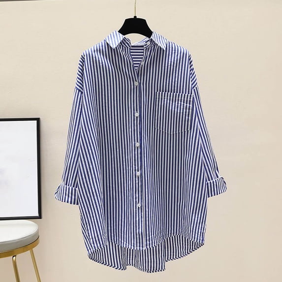 RKSTN Long Sleeve Shirts for Women Striped Button Down Shirts Lapel Summer Womens Cardigan (Blue ,S)