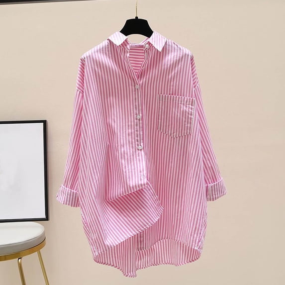 RKSTN Long Sleeve Shirts for Women Striped Button Down Shirts Lapel Summer Womens Cardigan (Pink ,L)