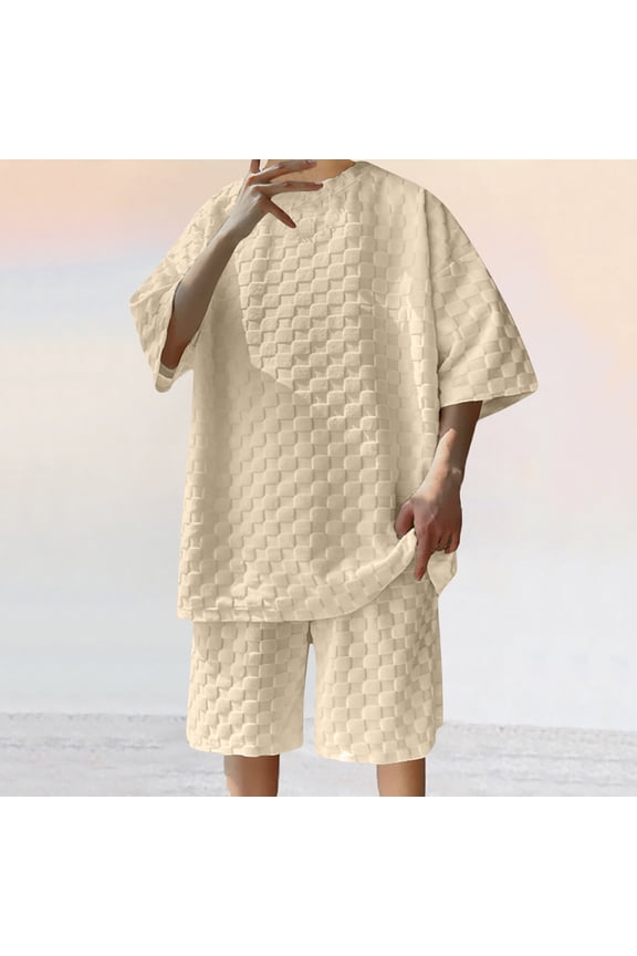 Lounge Set for Men 3D Check Embossing Crew Neck Short Sleeve Solid Color Relaxed Pullover Shirt Elastic Waist Shorts with Pockets Summer Daily Casual Fashion Outfits Two Piece Sets