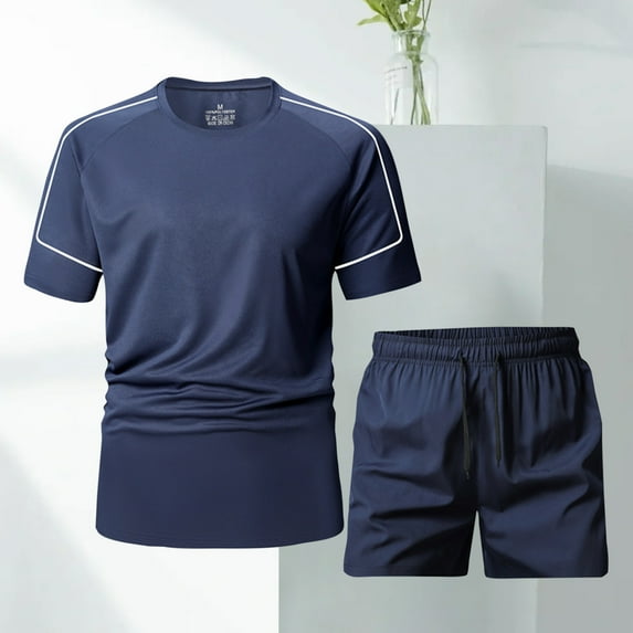 RKSTN Men Sweatsuits Sets Summer Short Sleeve Set Solid Color Breathable Athletic Crew Neck Shirt Top Elastic Drawstring Waist Shorts with Pockets