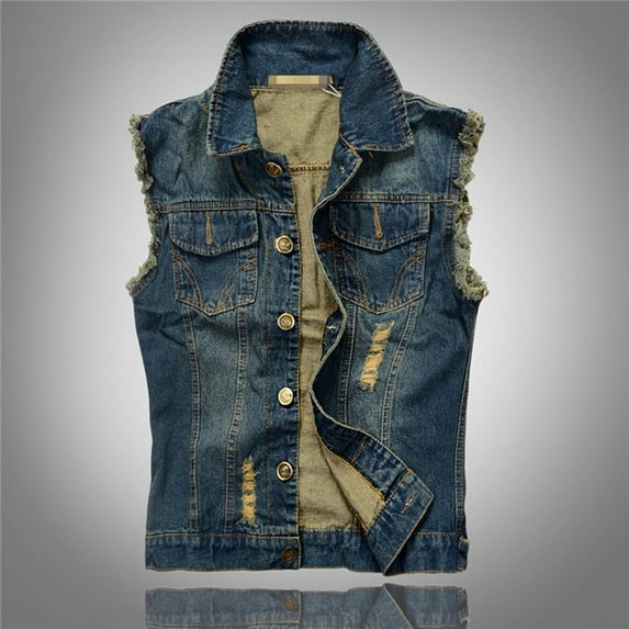 RKSTN Mens Denim Vests Retro Distressed Style Stylish Plus Size Solid Color Lapel Button Down Sleeveless Casual Versatile Slimming Jean Jacket Vest with Chest Pockets