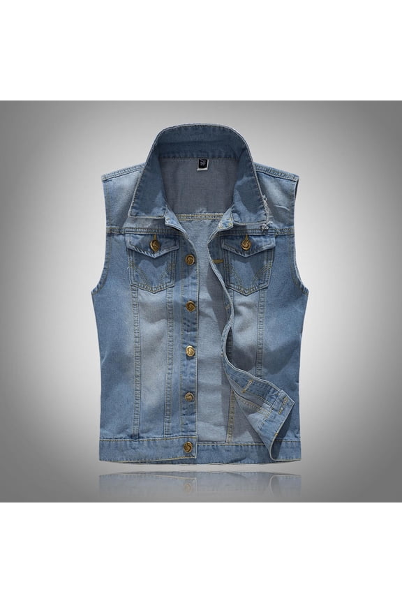 Mens Denim Vests Retro Distressed Style Stylish Plus Size Solid Color Lapel Button Down Sleeveless Casual Versatile Slimming Jean Jacket Vest with Chest Pockets