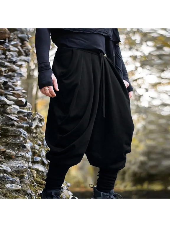 Mens Harem Pants with Pockets Two Layer Draped Solid Color Elastic Drawstring Waist Ruched Drop Crotch Layered Lightweight Cuffed Casual Pants for Men (Black ,XXL)