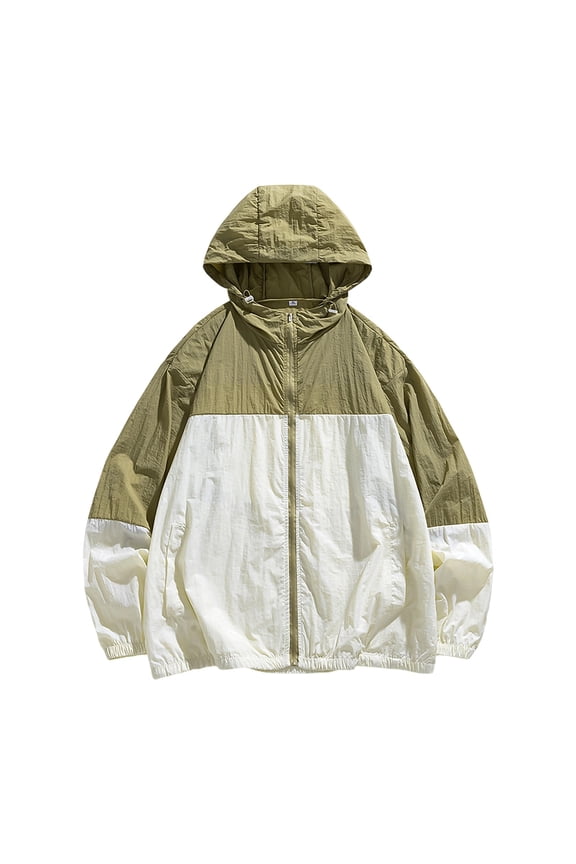 Mens Hoodie Sun Protection Jacket Silk Color Block Full Zip Drawstring Long Sleeve Shirts Spring Summer Lightweight Windproof Hiking Jacket with Pockets