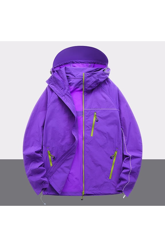 Mens Hoodie Sun Protection Jacket Solid Color Full Zip Drawstring Long Sleeve Shirts Spring Summer Lightweight Waterproof Hiking Jacket with Pockets