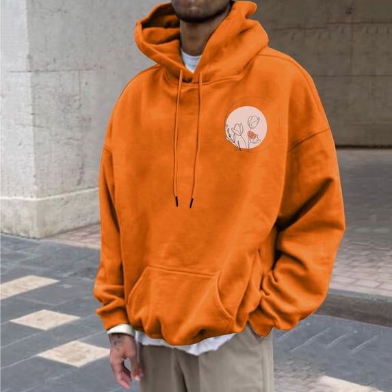 RKSTN Mens Hoodies Graphic Minimalist Floral Print Solid Color Long Sleeve Daily Wear Comfy Pullover Lightweight Tops with Front Kangaroo Pocket (Orange ,XXL)