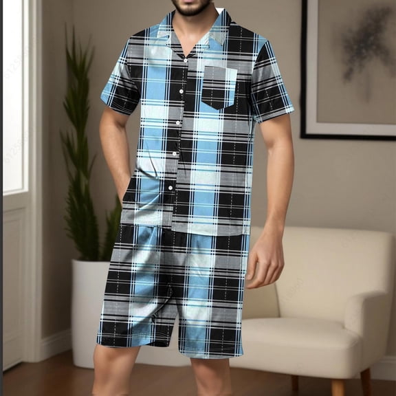 RKSTN Mens Pajamas Set Like Silk Pajamas Sets Summer Lounge Button Up Plaid Print Lapel Collar Short Sleeve And Shorts Pjs Sets Comfortable 2 Piece Comfy Loungewear With Pockets