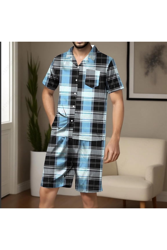 Mens Pajamas Set Like Silk Pajamas Sets Summer Lounge Button Up Plaid Print Lapel Collar Short Sleeve And Shorts Pjs Sets Comfortable 2 Piece Comfy Loungewear With Pockets