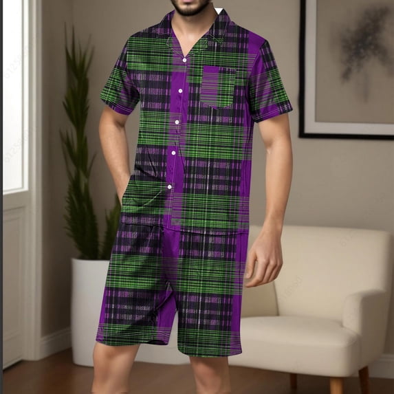 RKSTN Mens Pajamas Set Like Silk Pajamas Sets Summer Lounge Button Up Plaid Print Lapel Collar Short Sleeve And Shorts Pjs Sets Comfortable 2 Piece Comfy Loungewear With Pockets