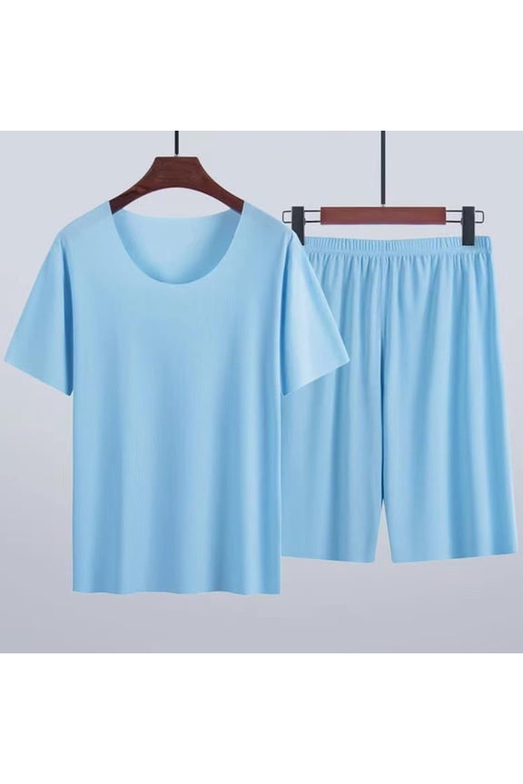 Mens Pajamas Set Pajamas Sets Fall Lounge Solid Color Crew Neck Short Sleeve And Drawstring Shorts Pjs Sets Comfortable 2 Piece Casual Loungewear
