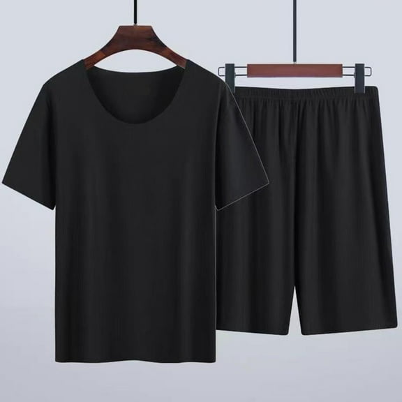 RKSTN Mens Pajamas Set Pajamas Sets Fall Lounge Solid Color Crew Neck Short Sleeve And Drawstring Shorts Pjs Sets Comfortable 2 Piece Casual Loungewear
