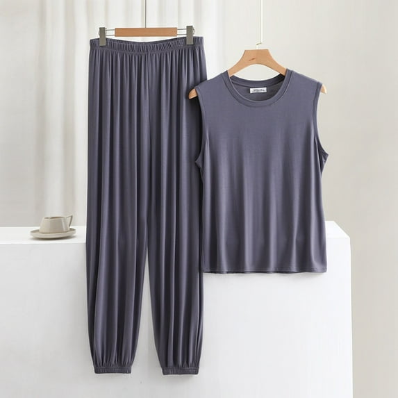 RKSTN Mens Pajamas Set Soft Sleeveless Pjs Sets Solid Color Crew Neck And Pants Sleepwear Summer Lightweight 2 Piece Comfy Sleepwear
