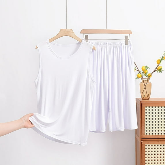 RKSTN Mens Pajamas Set Soft Sleeveless Pjs Sets Solid Color Crew Neck And Shorts Loungewear Summer Lightweight 2 Piece Comfy Sleepwear