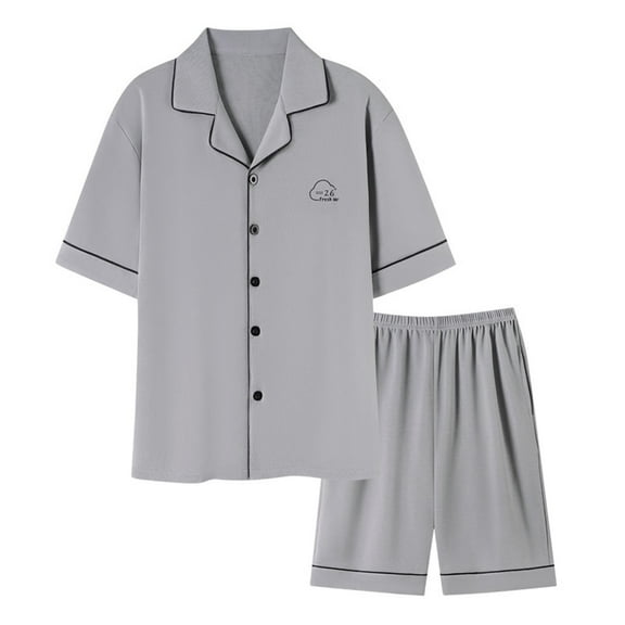 RKSTN Mens Pajamas Set Summer Lounge Button Up Solid Color Lapel Collar Short Sleeve And Shorts Pjs Sets Comfortable 2 Piece Comfy Loungewear