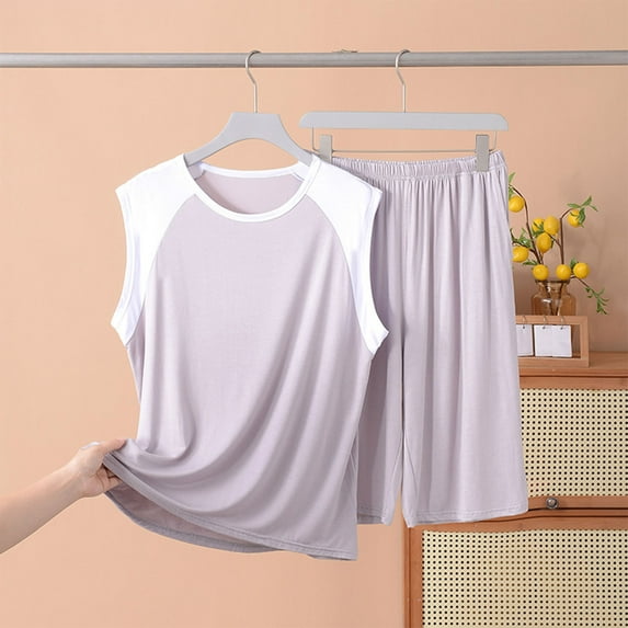 RKSTN Mens Pajamas Set Summer Lounge Color blocked Crew Neck Sleeveless And Shorts Pjs Sets Comfortable 2 Piece Comfy Loungewear