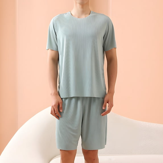 RKSTN Mens Pajamas Set Summer Lounge Solid Color Crew Neck Short Sleeve And Shorts Pjs Sets Comfortable 2 Piece Comfy Loungewear With Pockets