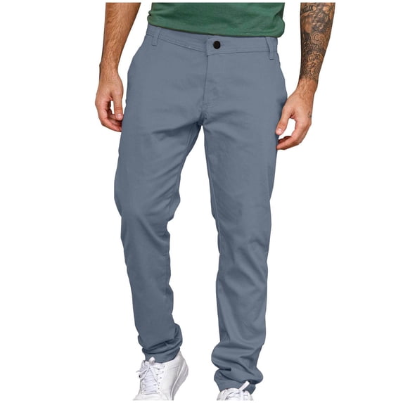 RKSTN Mens Pants Casual Slim Fit Mid Waist Solid Color Button Waist Lightweight Thend Straight Leg Daily Wear Versatile with Pockets (Light Blue ,L)