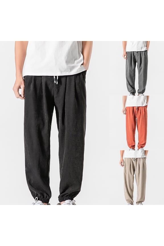 Mens Pants Cuffed Casual Pants Elastic Waist Drawstring Lightweight Breathable Lounge Pants with Pockets