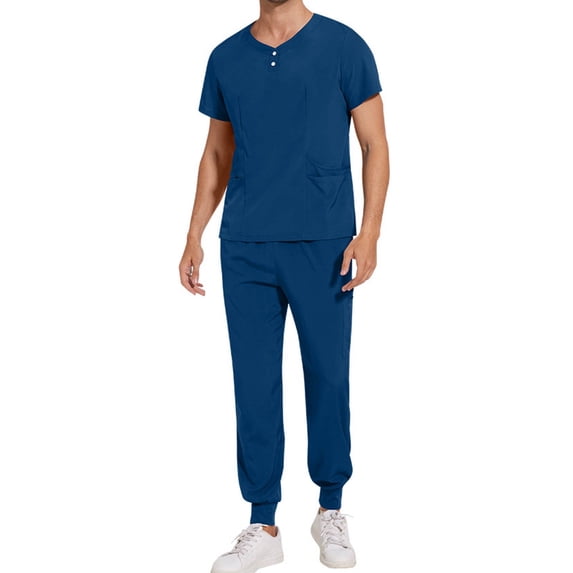 RKSTN Mens Scrubs Nurse Uniform 2 Piece Set Solid Color V Neck Button Up Quickly Dry Short Sleeve Scrubs Top Elastic Drawstring Cozy Fit Pocketed Cuffed Pants