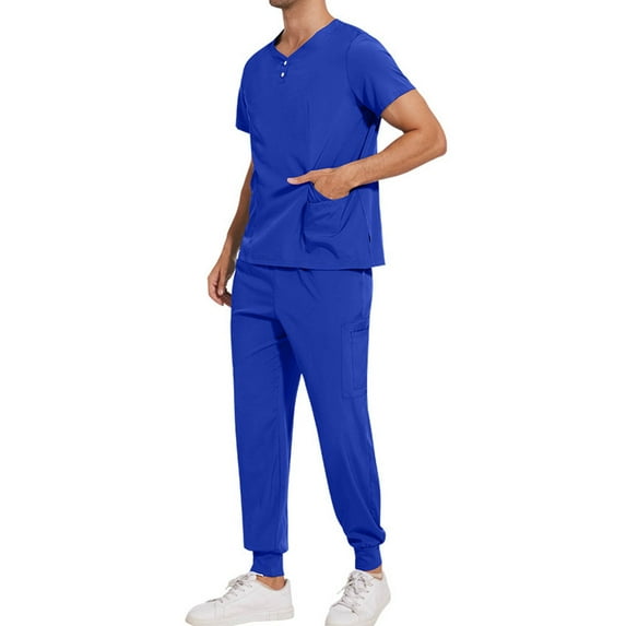 RKSTN Mens Scrubs Nurse Uniform 2 Piece Set Solid Color V Neck Button Up Quickly Dry Short Sleeve Scrubs Top Elastic Drawstring Cozy Fit Pocketed Cuffed Pants