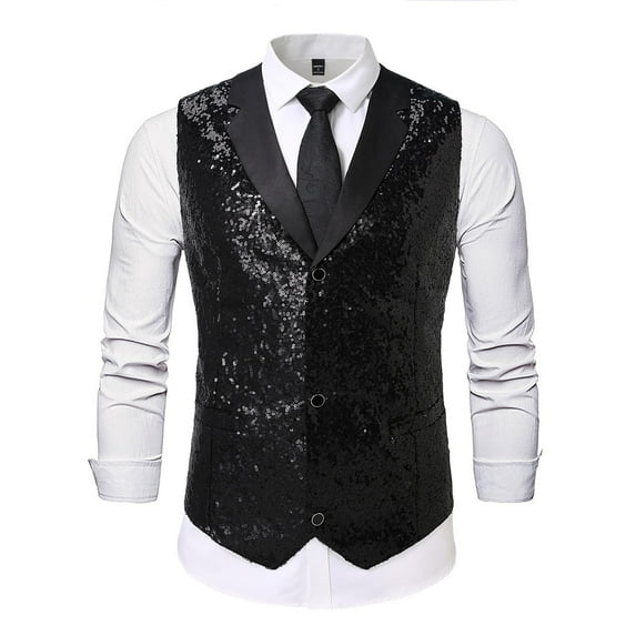 RKSTN Mens Sequins Vest Party Formal Stylish Solid Color V neck Button Down Sleeveless Shiny Waistcoat Dress Vest for Wedding Events Mardi Gras St Patricks day Carnival